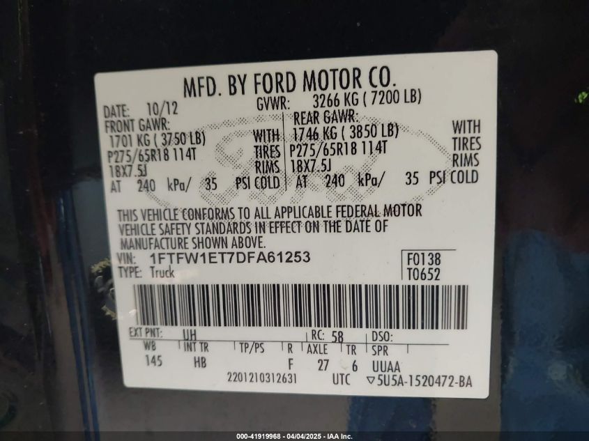 2013 Ford F-150 Lariat VIN: 1FTFW1ET7DFA61253 Lot: 41919968