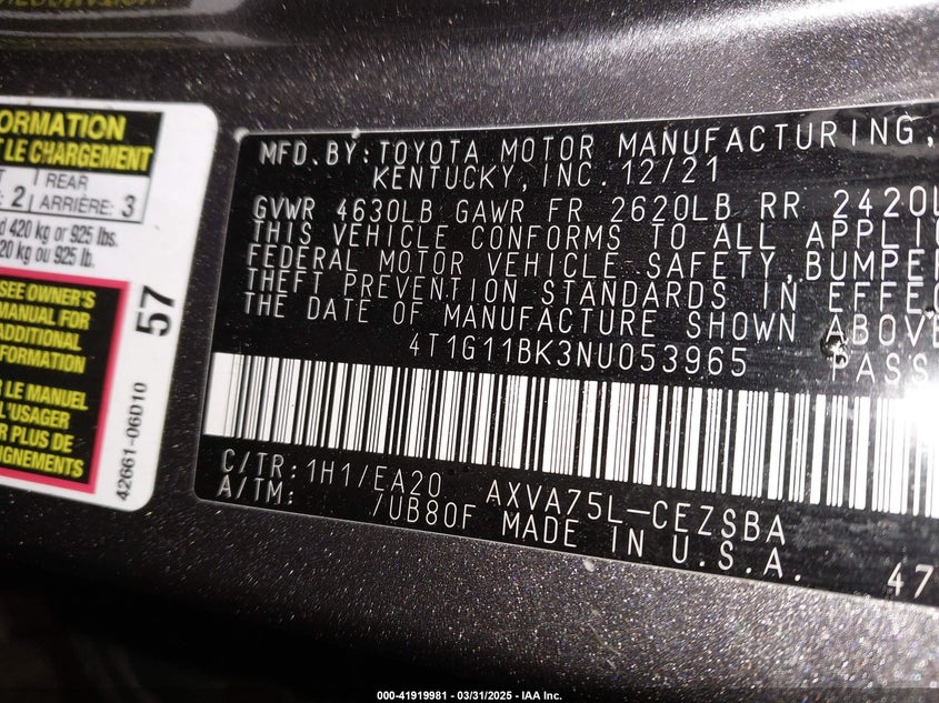 2022 TOYOTA CAMRY VIN: 4T1G11BK3NU053965