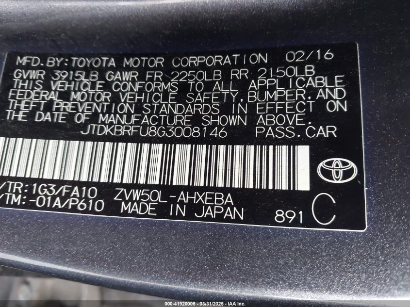 2016 Toyota Prius Two VIN: JTDKBRFU8G3008146 Lot: 41920005