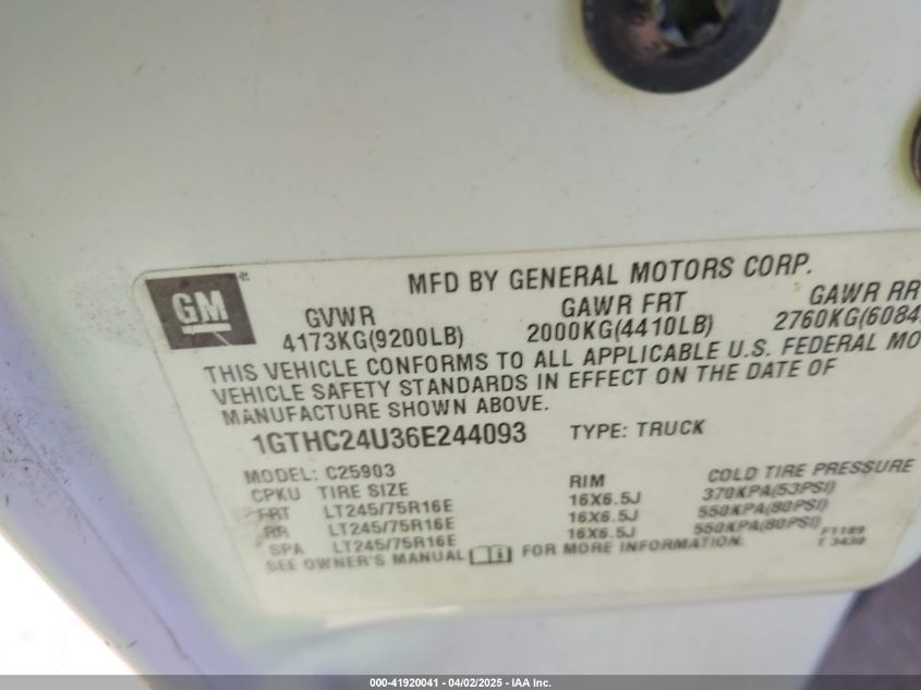 2006 GMC Sierra 2500Hd Work Truck VIN: 1GTHC24U36E244093 Lot: 41920041
