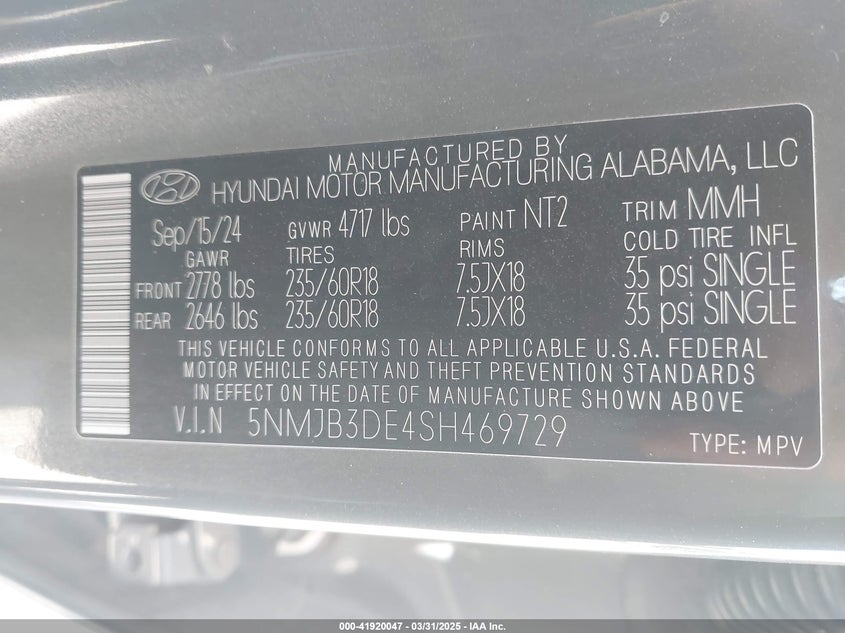 VIN 5NMJB3DE4SH469729 2025 HYUNDAI TUCSON SEL