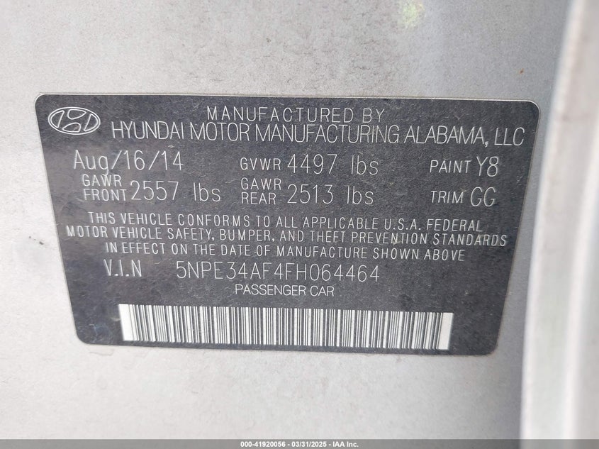 2015 HYUNDAI SONATA VIN: 5NPE34AF4FH064464