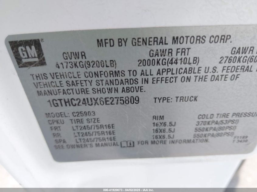 2006 GMC Sierra 2500Hd Work Truck VIN: 1GTHC24UX6E275809 Lot: 41920073