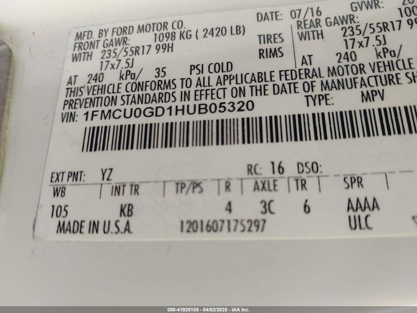 2017 FORD ESCAPE VIN: 1FMCU0GD1HUB05320