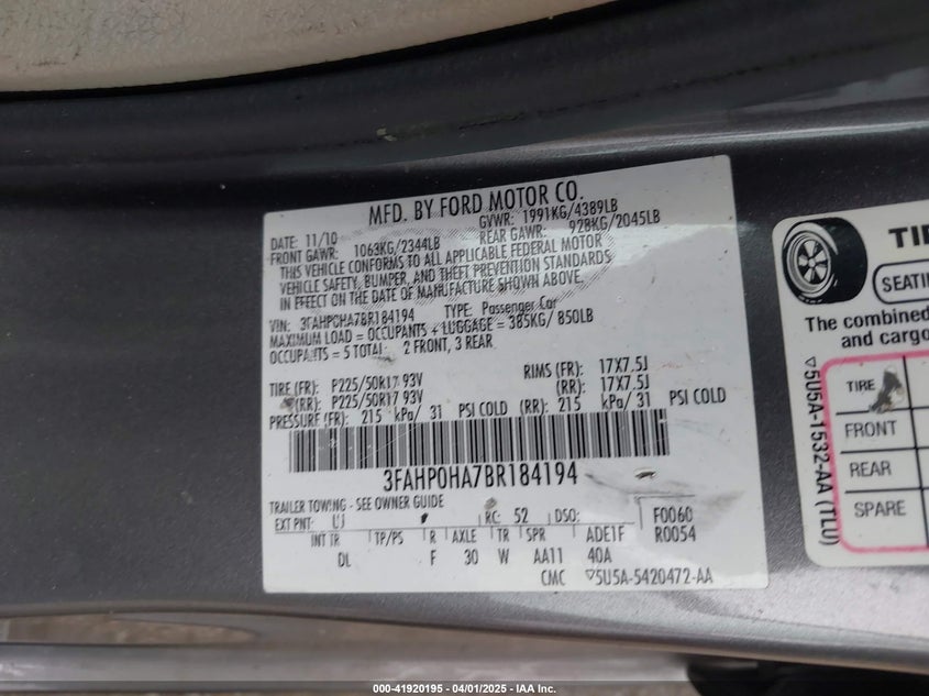 2011 FORD FUSION VIN: 3FAHP0HA7BR184194