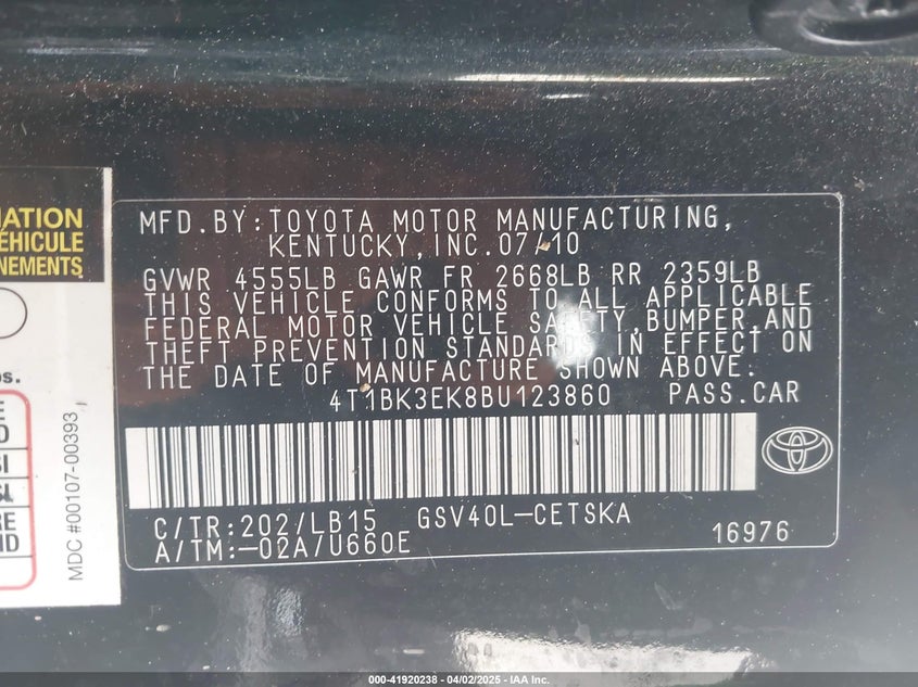 2011 TOYOTA CAMRY VIN: 4T1BK3EK8BU123860
