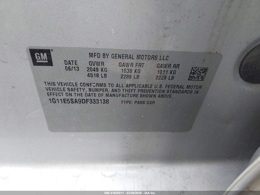 2013 Chevrolet Malibu 2Lt VIN: 1G11E5SA9DF333138 Lot: 41920311