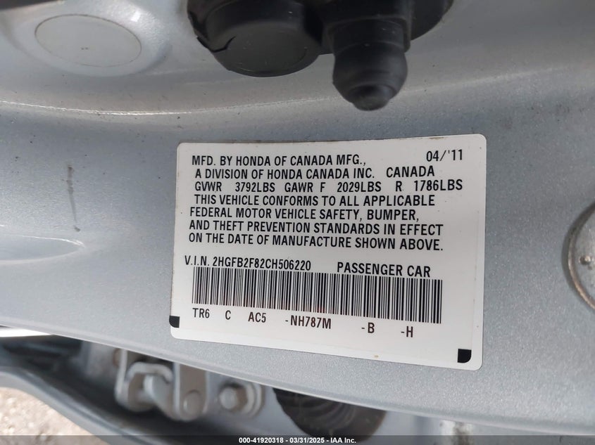 2012 HONDA CIVIC VIN: 2HGFB2F82CH506220