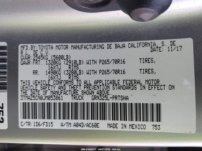 2018 TOYOTA TACOMA VIN: 3TMAZ5CN0JM053861