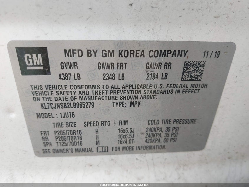 VIN KL7CJNSB2LB065279 2020 CHEVROLET TRAX AWD LS