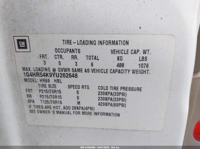 2000 Buick Lesabre Limited VIN: 1G4HR54K9YU262648 Lot: 41920468