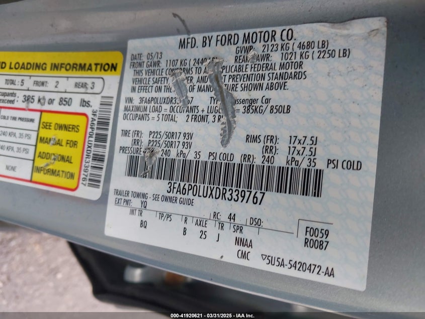 2013 FORD FUSION HYBRID VIN: 3FA6P0LUXDR339767