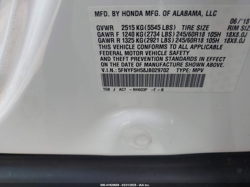 2018 HONDA PILOT VIN: 5FNYF5H58JB029702