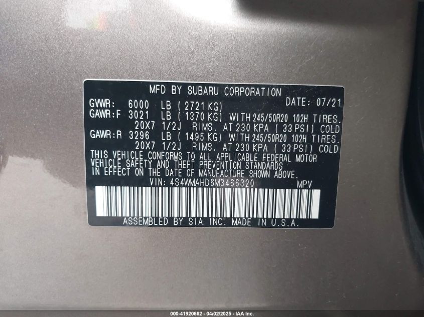 2021 Subaru Ascent Premium VIN: 4S4WMAHD6M3466320 Lot: 41920662