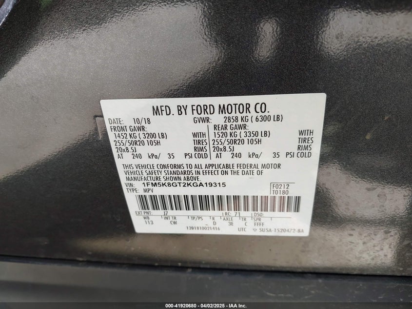 2019 FORD EXPLORER VIN: 1FM5K8GT2KGA19315