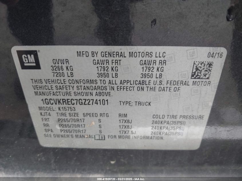 2016 Chevrolet Silverado 1500 1Lt/2Lt VIN: 1GCNKREC7GZ274101 Lot: 41920720