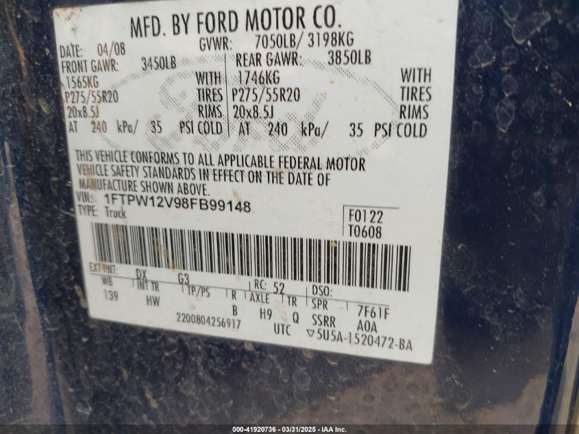 2008 Ford F-150 60Th Anniversary/Fx2/King Ranch/Lariat/Xlt VIN: 1FTPW12V98FB99148 Lot: 41920736