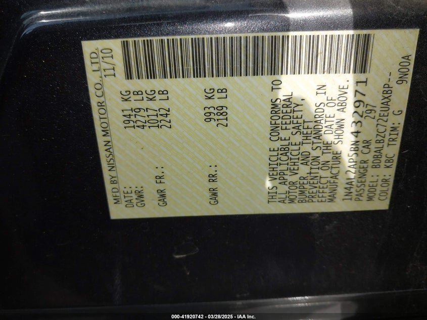 2011 NISSAN ALTIMA VIN: 1N4AL2AP5BN432971