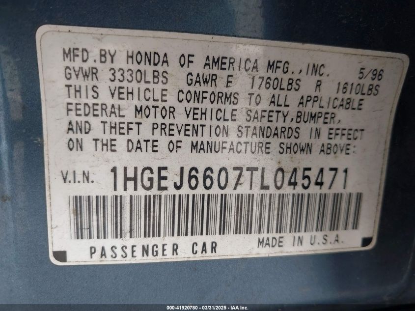 1996 Honda Civic Lx VIN: 1HGEJ6607TL045471 Lot: 41920780