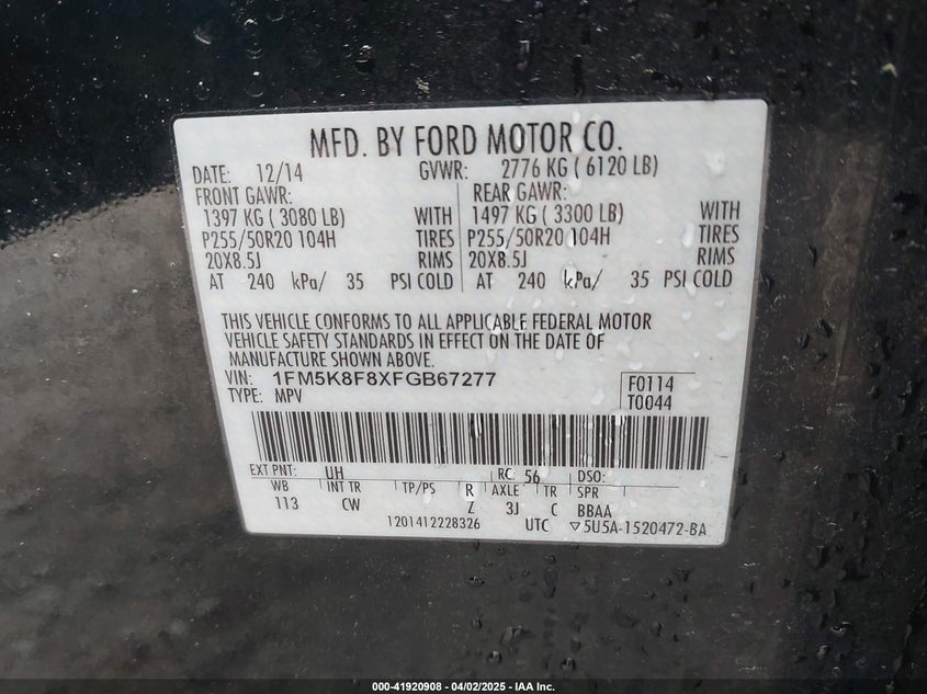 2015 FORD EXPLORER VIN: 1FM5K8F8XFGB67277