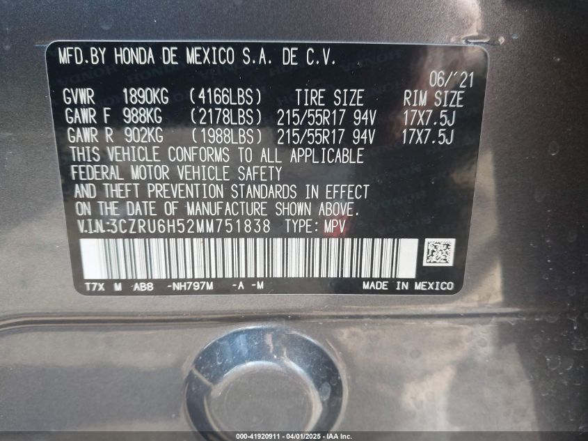 2021 Honda Hr-V Awd Ex VIN: 3CZRU6H52MM751838 Lot: 41920911
