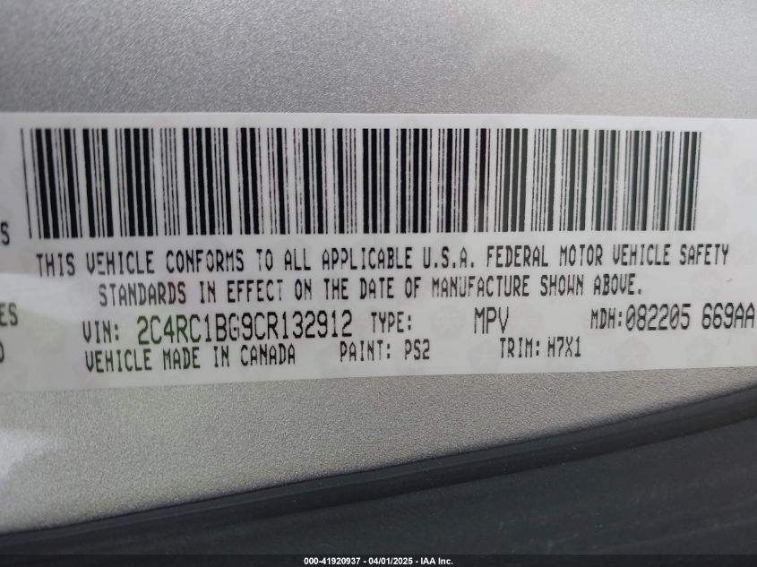 2012 Chrysler Town & Country Touring VIN: 2C4RC1BG9CR132912 Lot: 41920937