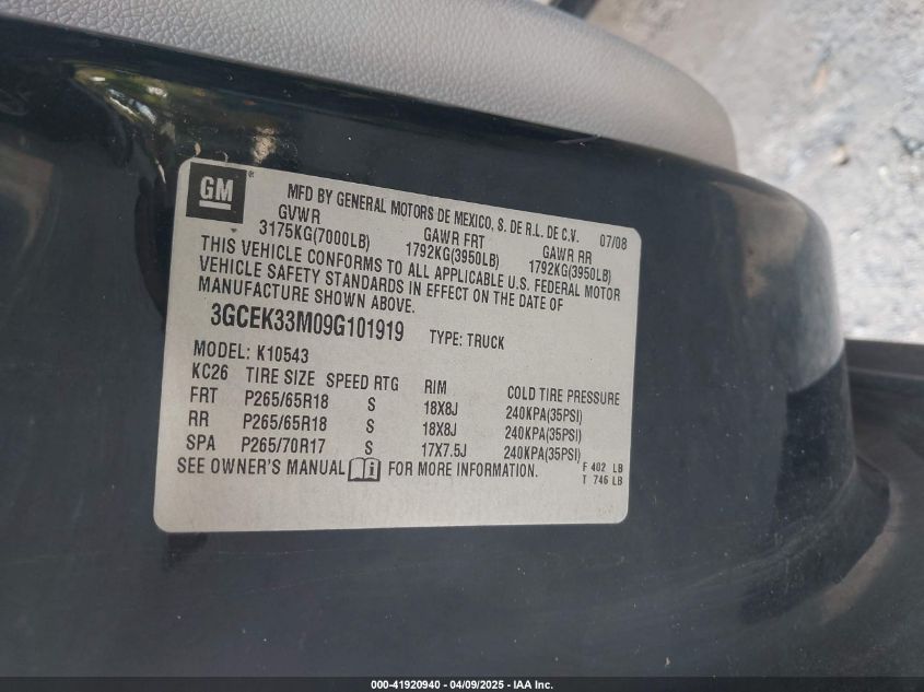 2009 Chevrolet Silverado 1500 Ltz VIN: 3GCEK33M09G101919 Lot: 41920940