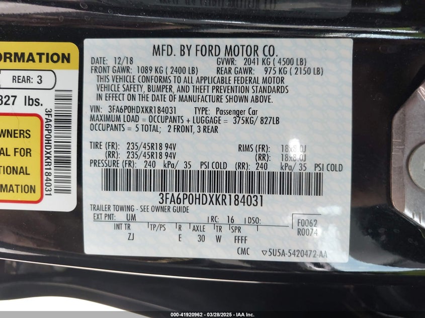 2019 Ford Fusion Se VIN: 3FA6P0HDXKR184031 Lot: 41920962