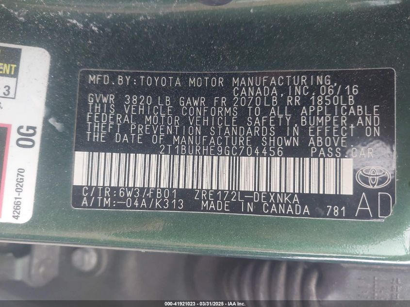 2016 Toyota Corolla Le VIN: 2T1BURHE9GC704456 Lot: 41921023