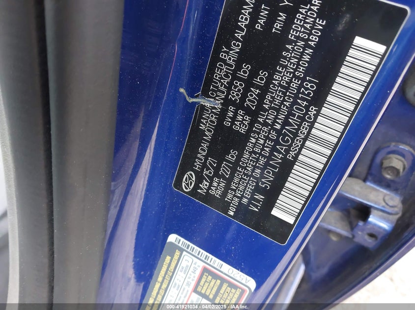 2021 HYUNDAI ELANTRA VIN: 5NPLN4AG7MH041381