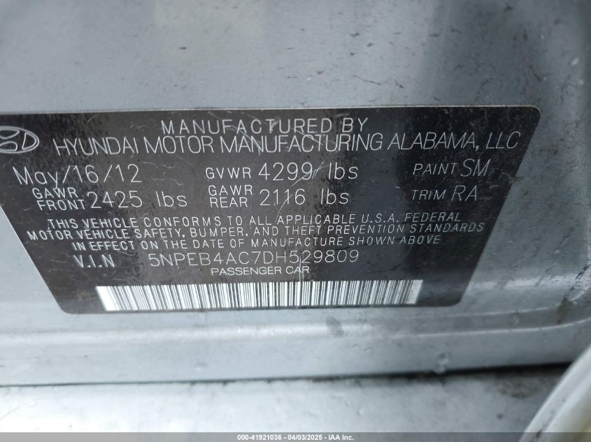 2013 Hyundai Sonata Gls VIN: 5NPEB4AC7DH529809 Lot: 41921036