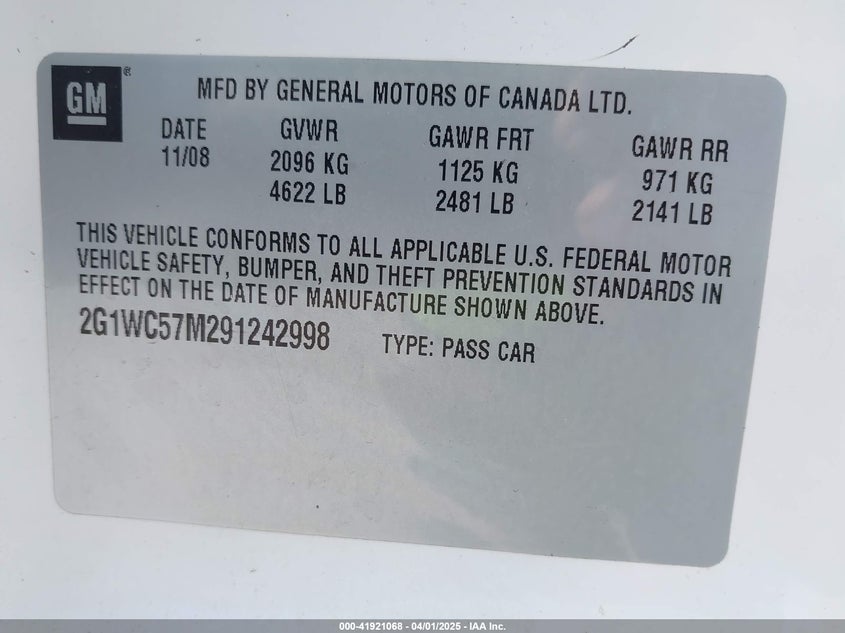 2009 CHEVROLET IMPALA VIN: 2G1WC57M291242998