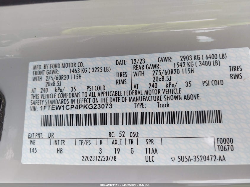 2023 FORD F-150 VIN: 1FTEW1CP4PKG23073