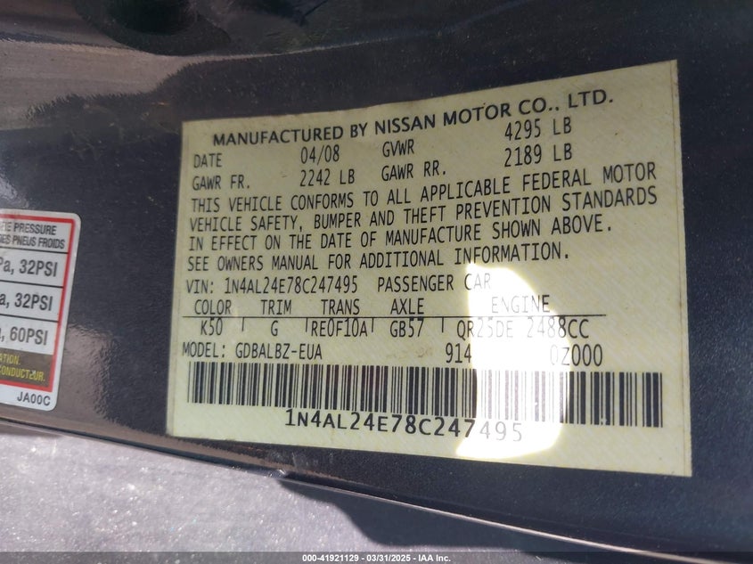 2008 NISSAN ALTIMA VIN: 1N4AL24E78C247495