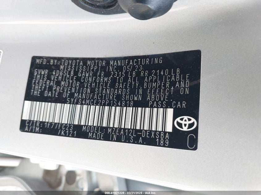2023 TOYOTA COROLLA VIN: 5YFS4MCE2PP154818