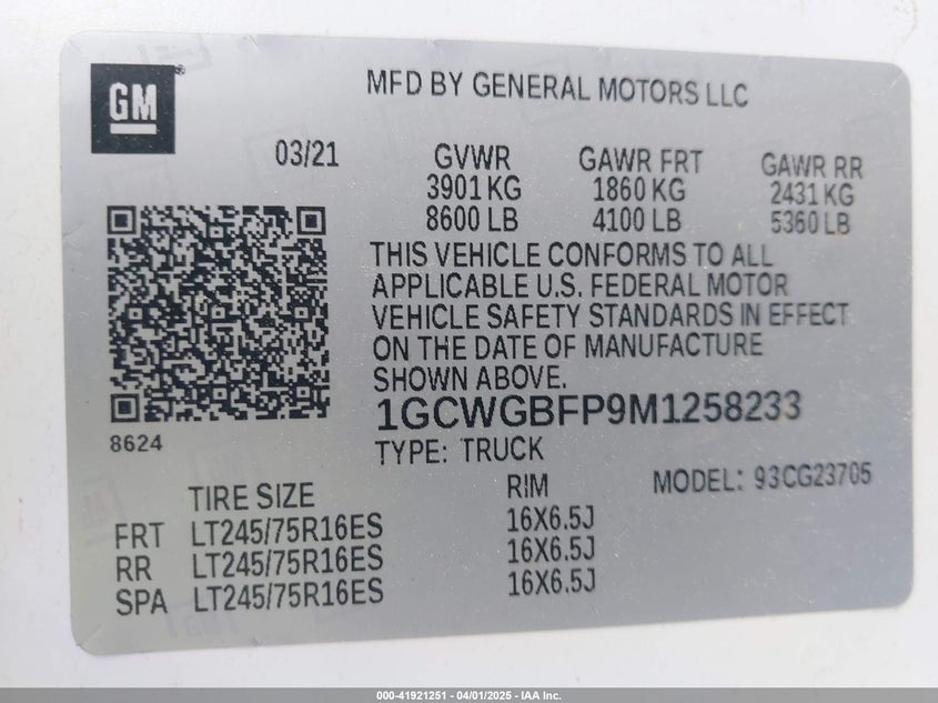 2021 CHEVROLET EXPRESS G2500 VIN: 1GCWGBFP9M1258233