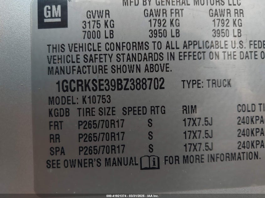 2011 CHEVROLET SILVERADO 1500 VIN: 1GCRKSE39BZ388702