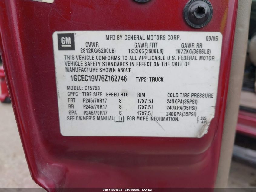 2006 Chevrolet Silverado VIN: 1GCEC19V76V162746 Lot: 41921394