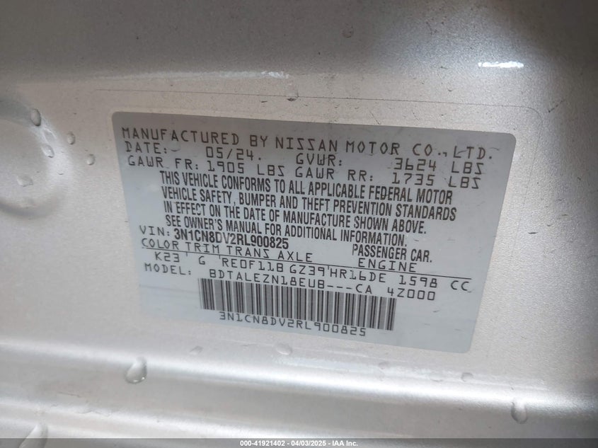 2024 NISSAN VERSA VIN: 3N1CN8DV2RL900825