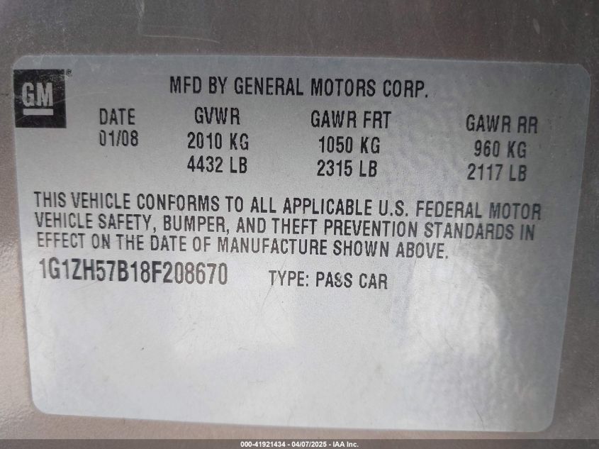 2008 Chevrolet Malibu Lt VIN: 1G1ZH57B18F208670 Lot: 41921434