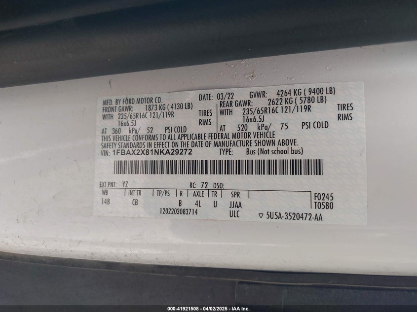2022 FORD TRANSIT VIN: 1FBAX2X81NKA29272