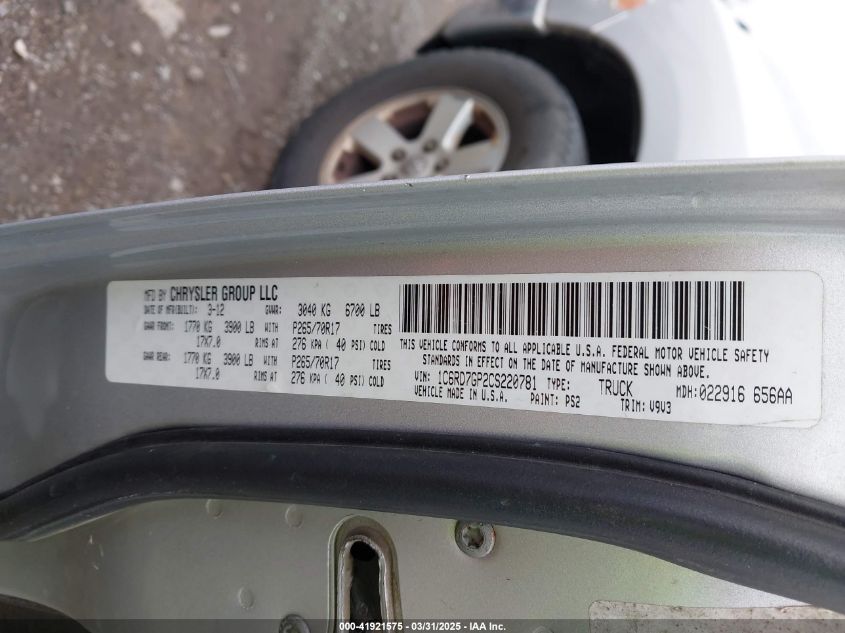 2012 Ram 1500 Slt VIN: 1C6RD7GP2CS220781 Lot: 41921575