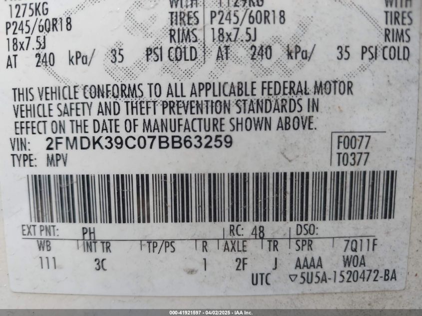 2007 Ford Edge Sel Plus VIN: 2FMDK39C07BB63259 Lot: 41921597