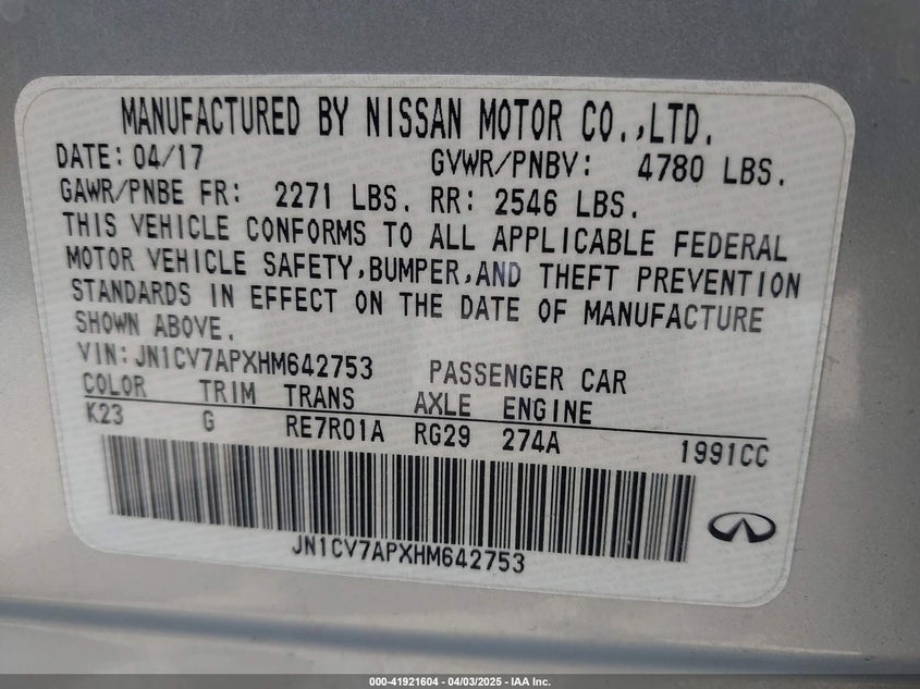 2017 INFINITI Q50 VIN: JN1CV7APXHM642753