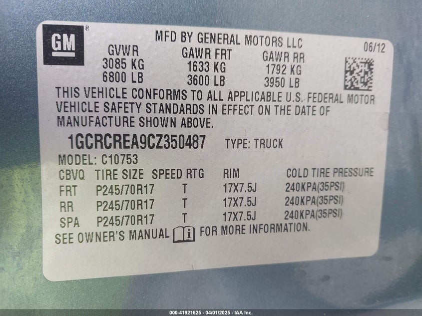 2012 CHEVROLET SILVERADO 1500 VIN: 1GCRCREA9CZ350487