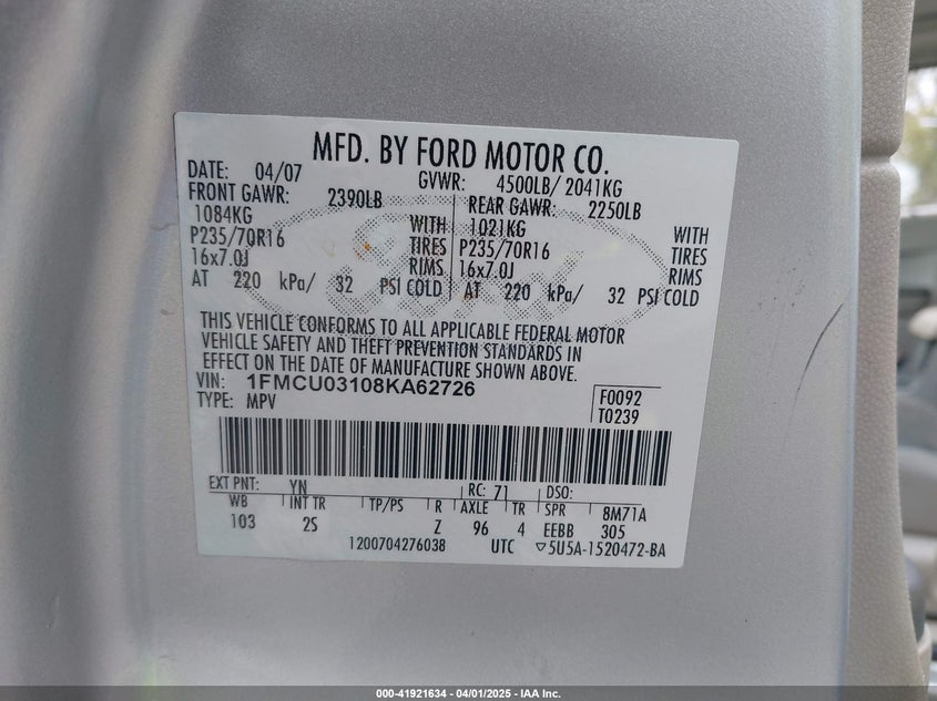 2008 FORD ESCAPE VIN: 1FMCU03108KA62726
