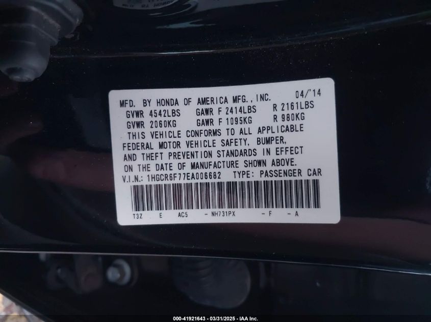 2014 Honda Accord Hybrid Touring VIN: 1HGCR6F77EA006682 Lot: 41921643
