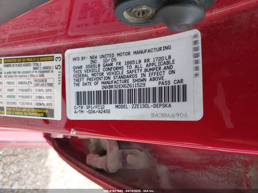 2006 TOYOTA COROLLA VIN: 1NXBR32EX6Z611529