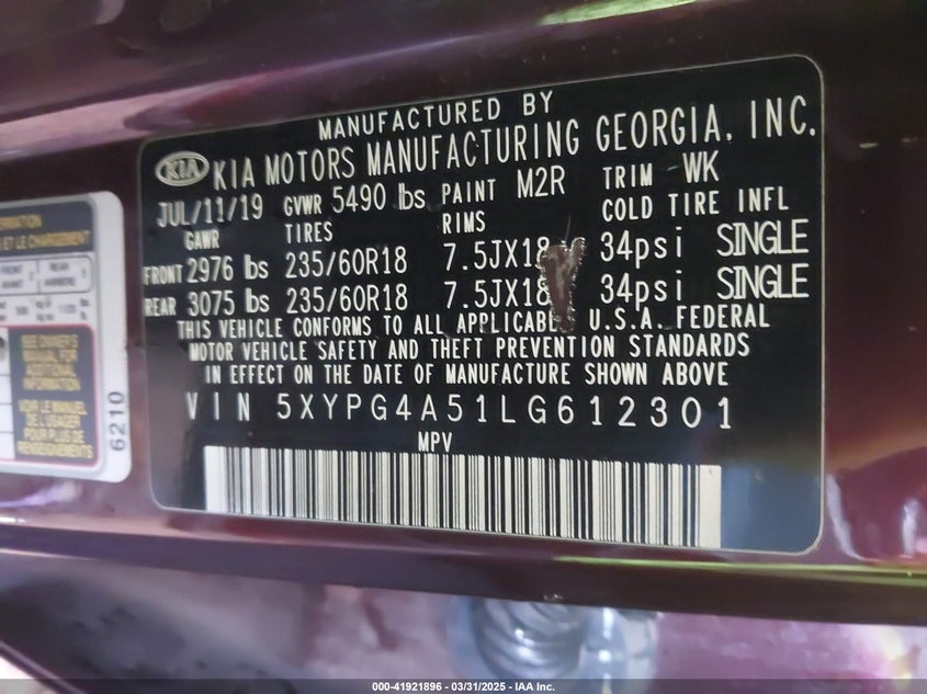 2020 KIA SORENTO VIN: 5XYPG4A51LG612301