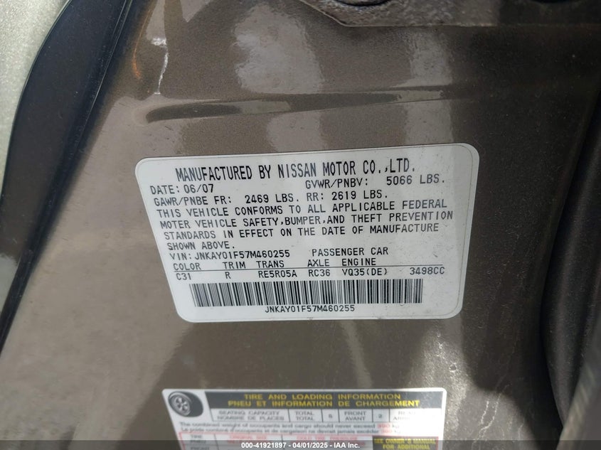 2007 INFINITI M35X VIN: JNKAY01F57M460255